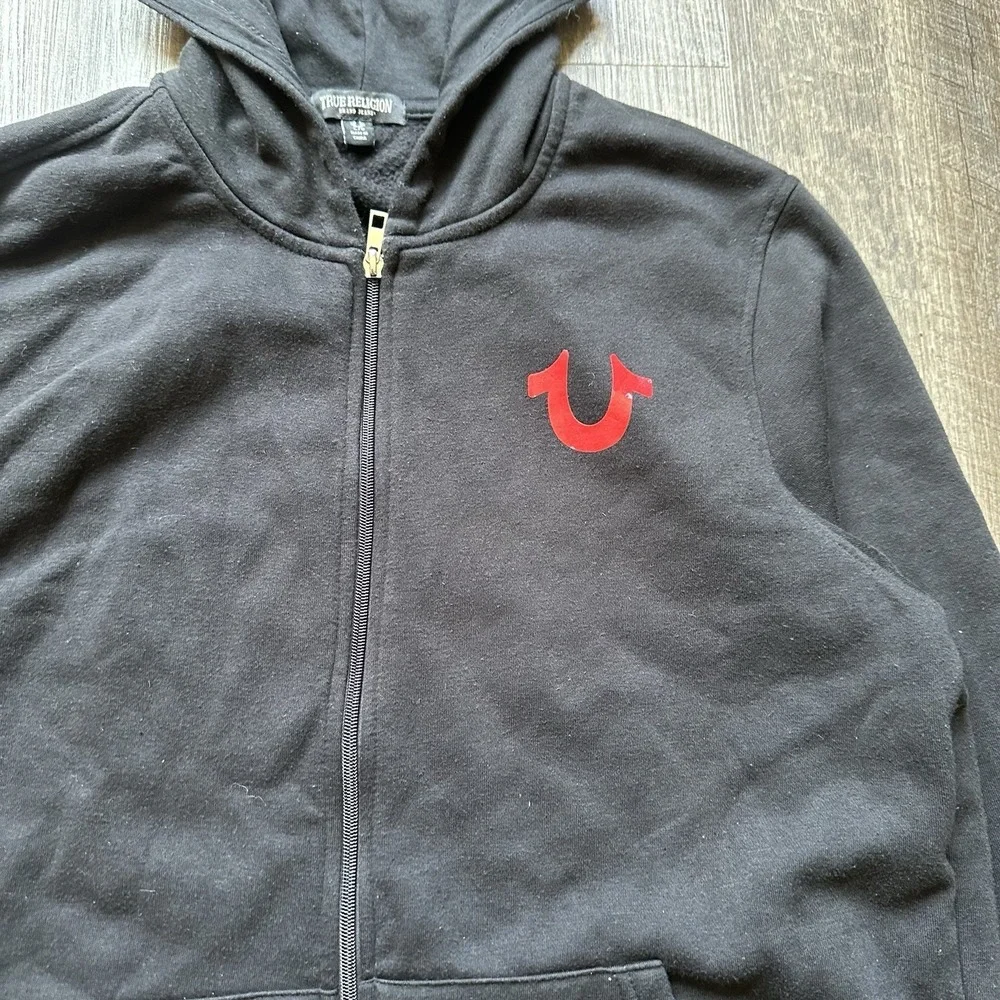 True Religion Zip Hoodie Mens Large Black Red Buddha Silicone Seal 700887R Read